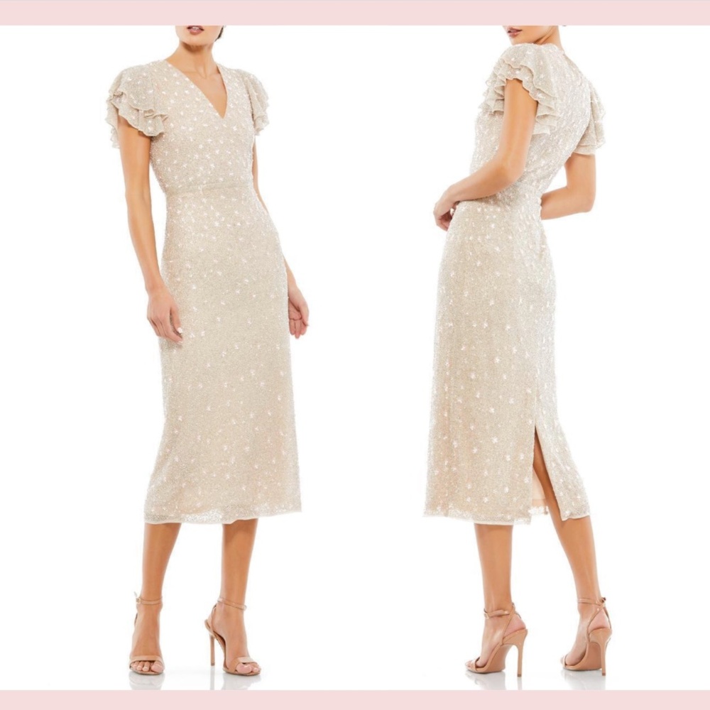 NEW $498 Mac‎ Duggal [ 4 ] Beaded V-Neck Flutter Sleeve A-Line Midi Dress